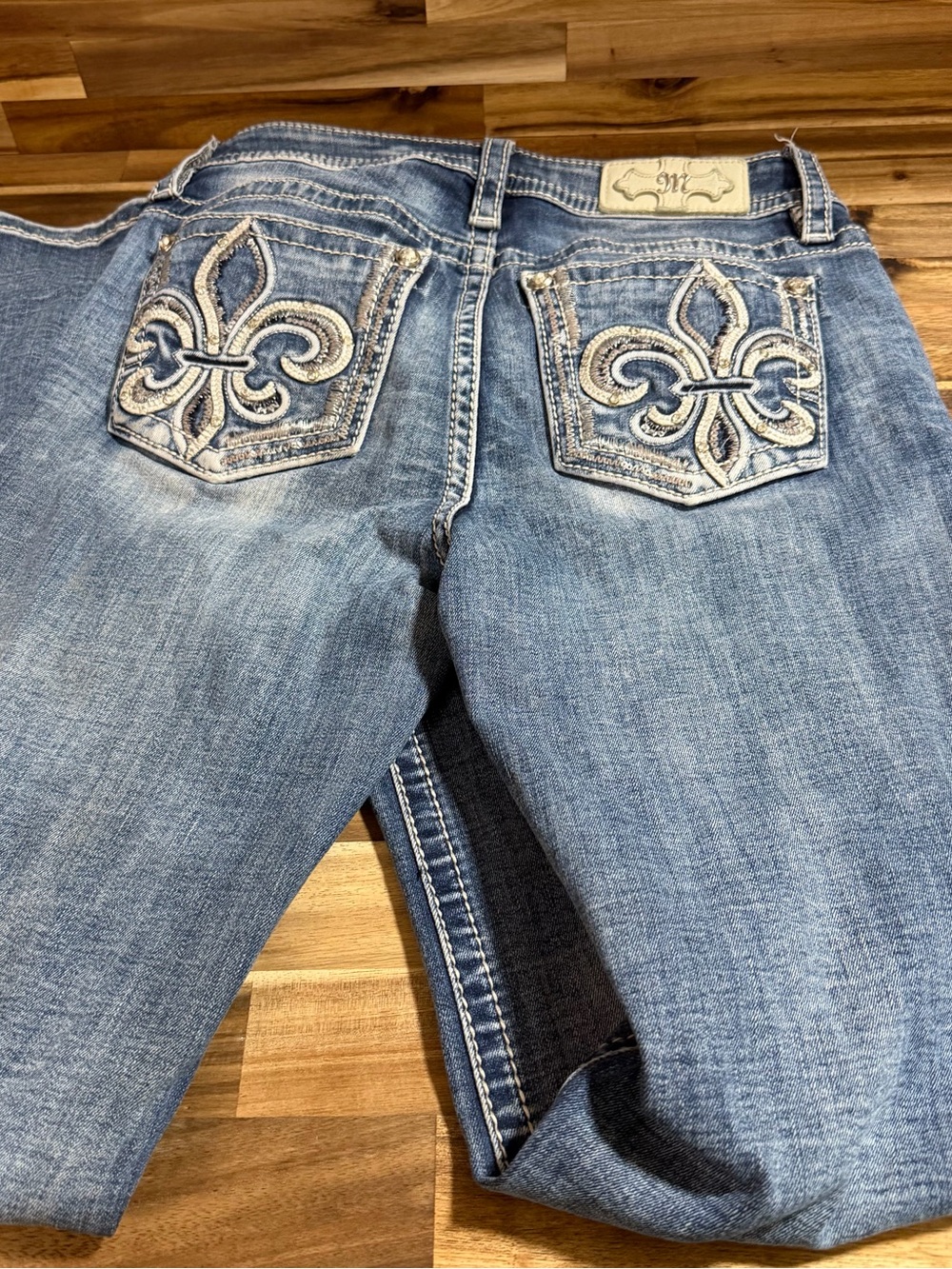 Miss Me Light Blue Bootcut Jeans with Fleur-de-Lis Pocket Embroidery